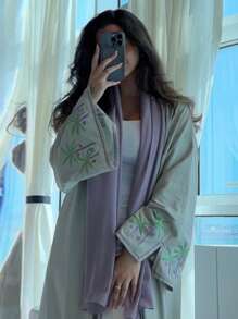 1 Piece Of Fashionable And Simple Coconut Palm Embroidery Splicing Cuffs Women's Dress Robe, Elegant Solid Color Long Dress Cardigan Long Dress Abaya Suitable For Festivals And Daily Life To Show Summer Style,Modest - Green - View 1