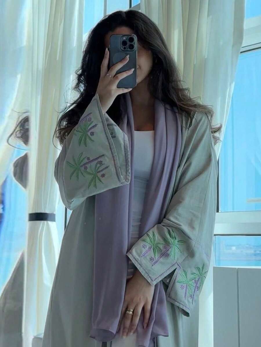 1 Piece Of Fashionable And Simple Coconut Palm Embroidery Splicing Cuffs Women's Dress Robe, Elegant Solid Color Long Dress Cardigan Long Dress Abaya Suitable For Festivals And Daily Life To Show Summer Style,Modest - Green - View 1
