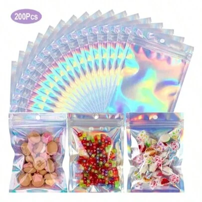 Bolsas holográficas a prueba de olores de arcoíris, 200 piezas, bolsas de aluminio con cierre hermético a prueba de olores, bolsas de embalaje holográficas resellables para almacenamiento de alimentos, lindas bolsas de plástico pequeñas a prueba de olores, bolsas resellables con sello de aluminio para joyas con purpurina para obsequios de fiesta y almacenamiento de alimentos, para almacenar alimentos, granos,