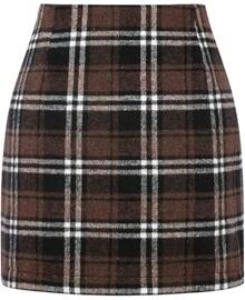 Womens High Waist Plaid Skirt Bodycon Pencil Wool Mini Skirts - 咖啡棕 - 查看 1