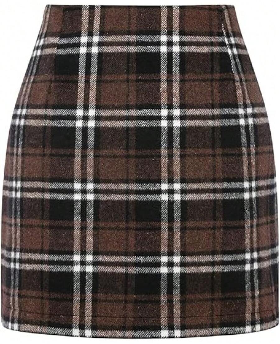 Womens High Waist Plaid Skirt Bodycon Pencil Wool Mini Skirts - 咖啡棕 - 查看 1