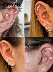 ORAZIO 1 pieza Pendientes de cartílago con diseño de mariposa y flor de acero quirúrgico con parte trasera plana y ópalo para perforación de trago y hélice, joyería para piercing
