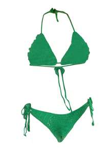 Traje de baño de dos piezas de punto para mujer, traje de baño sexy, conjuntos de bikini de triángulo con flor a ganchillo, parte superior de tirantes, bikini de tiras para playa - Verde - Ver 7