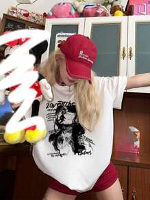 全新夏季简约素描女孩图案印花 T 恤，独特设计 - 白色 - 查看 3