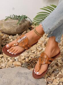 Flache Sandalen für Damen für den Sommer – Metallschnallendekor, rundes Zehendesign, einzelner Riemen, lässig für den Alltag, braun, Kunstleder, Cut Out