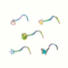 SENLANSP 5pcs Fashionable Stainless Steel Nose Studs In Heart, Star, Rose, Butterfly Designs, Comfortable Daily Wear, Low Allergic Reaction