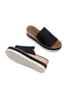 Women's Outdoor Platform Sandals Slip-On Espadrille Bohemia Wedge Sandals Comfort Dressy Open Toe Canvas Slides For Walking Beach Vacation Summer Shoes - 黑色 - 查看 5
