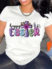 Happy Easter Shirt, Jesus Cross Womens Easter Shirt, Easter Day, Easter Bunny Shirt, Easter Family Shirt, Women's T-Shirt With Creative Easter Print, Breathable Soft Casual Round Neck Short Sleeves - 白色 - 查看 1