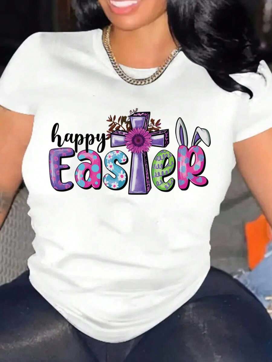 Happy Easter Shirt, Jesus Cross Womens Easter Shirt, Easter Day, Easter Bunny Shirt, Easter Family Shirt, Women's T-Shirt With Creative Easter Print, Breathable Soft Casual Round Neck Short Sleeves - 白色 - 查看 1