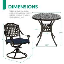VIVIJASON 3-Piece Patio Bistro Set, Outdoor All-Weather Cast Aluminum Furniture Dining Set, Include 2 Swivel Chairs And 31" Round Table W/Umbrella Hole For Balcony, Lawn, Garden - 深古銅色/海軍藍 - 查看 6