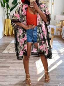 Plus Size Floral Print Side Split Open Front Cover Up Kimono, For Summer Beach Vacation - Multicolor - View 4
