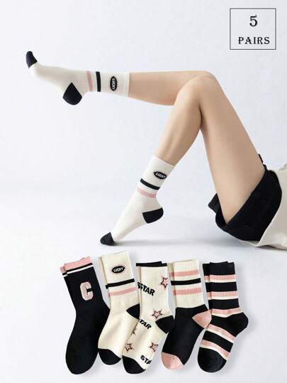 5 pares de calcetines de tripulación con estampado de rayas, estrellas y letras lindos y coloridos para mujeres