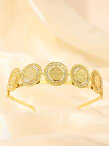 1pc Classic Arabian Style Women's Crown Decorated With Rhinestones French Coin Shaped Napoleon Pattern Gold Crown - Gold - View 2