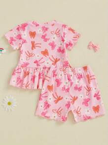 Toddler Baby Girl Summer Outfits Flower Strawberry Bow Pattern Crew Neck Short Sleeve T-Shirt With Shorts 2 Pcs Set - 粉色 - 查看 2