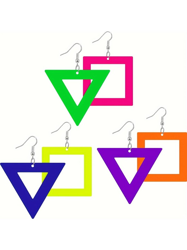 4Pairs Retro Neon Acrylic Drop Earrings Acrylic Square Triangle Earrings Set For Women, Women'S Plastic Hoop Drop Square Triangle Pendant, 80s 90s Fashion Accessories 80s & 90s Style, Perfect For Glow Party Outfits & Gifts