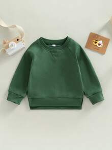 Sudaderas para niños y niñas pequeños, color liso, cuello redondo, manga larga, sudaderas con capucha, jerséis casuales de otoño e invierno. - Verde - Ver 2