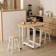 HOMCOM 3PC Wooden Kitchen Cart Mobile Rolling Trolley Folding Bar Table Two Stools Dining Chair Storage Shelf W/2 Drawers & 6 Wheels - White - View 1