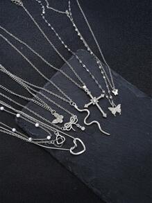 13 件/12 件/9 件/3 件时尚简约银色蝴蝶和心形仿珍珠多层项链套装，女士生日假期派对礼物，搭配日常服装和派对配饰