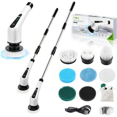 Electric Spin Scrubber, Cordless Bathroom Tub Scrubber With Long Handle & 7 Replaceable Cleaning Heads, Extension As Short Handle, Portable Power Shower Brush Household Tools For Tile Floor