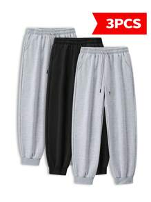 3-Pack Simple Solid Color Outdoor Exercise Pants, Men's Four-Season Running Fitness Pants With Cuffs, Waist Drawstring Adjustment, Men's Versatile Casual Pants, Men's Loose Trousers - 黑色+淺灰色+淺灰色 - 查看 2