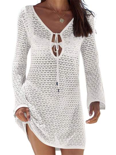 Women Beach Cover Up Solid Color Tie-Up Front Hollow-Out Summer Swimsuit Coverup Bathing Suit Cover Ups Dresses