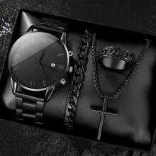 4pcs/Set Men's Fashion Quartz Watch With Roman Numeral Dial + Cross Necklace + Bracelet + Ring Set - Black - View 1