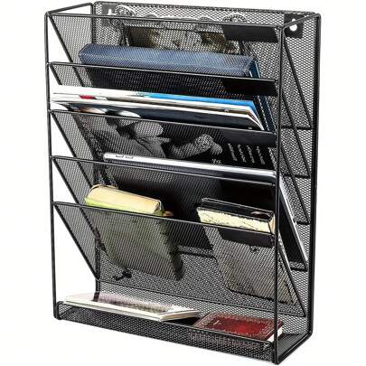 Wall File Holder Organiser Wall Mounted Magazine File Rack - 6 Tier Mesh A4 Mesh In Tray Hanging Storage Rack For Papers Letters Documents And Stationery Black