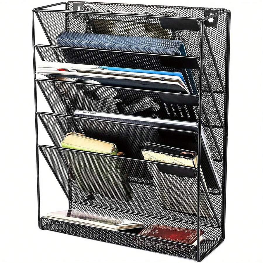 Wall File Holder Organiser Wall Mounted Magazine File Rack - 6 Tier Mesh A4 Mesh In Tray Hanging Storage Rack For Papers Letters Documents And Stationery Black