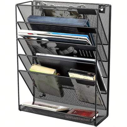 Wall File Holder Organiser Wall Mounted Magazine File Rack - 6 Tier Mesh A4 Mesh In Tray Hanging Storage Rack For Papers Letters Documents And Stationery Black