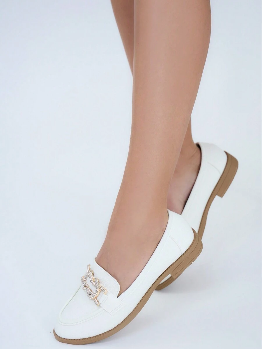 Women's Rhinestone Decorated Fashion Flat Slip-On Moccasins - White - View 1