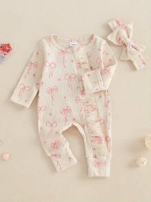 Baby Girl Spring Fall Winter Clothes Newborn Baby Girl Hospital Going Home Outfit Ribbed Footed Romper Bow Print Long Sleeve Full Length Ruffle Zipper Footie Jumpsuit Headband - Màu be - Xem 5