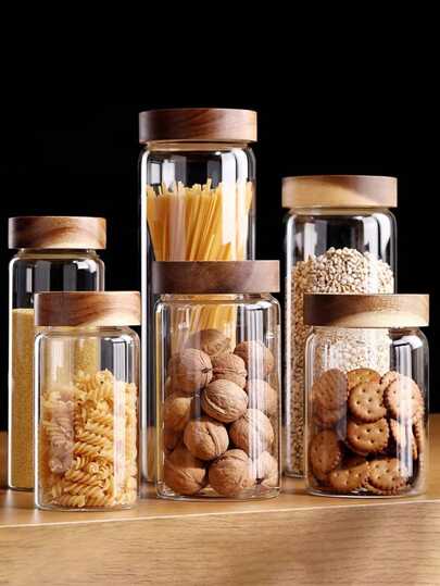 1PC Recipientes de armazenamento de vidro, recipientes herméticos para armazenamento de alimentos com tampas de madeira, potes de vidro transparente para despensa, cozinha, farinha, açúcar, chá, café, lanche, tempero
