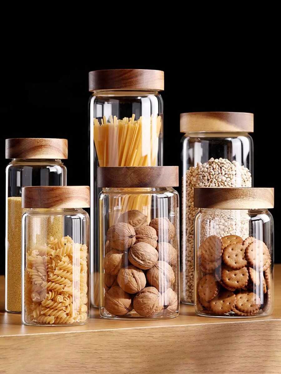 1 pezzo Contenitori di stoccaggio in vetro, contenitori ermetici per alimenti con coperchi in legno, barattoli di vetro trasparenti per dispensa, cucina, farina, zucchero, tè, caffè, spuntino, spezie