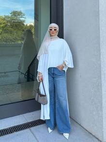 Plain Color Boat Neck Asymmetric Hem Batwing Sleeve Arabic Abaya, Muslim Abaya, Modest - White - View 1