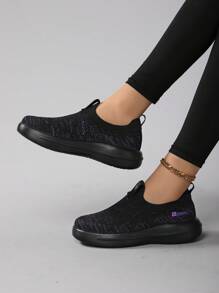 女士时尚黑色休闲一脚蹬增高运动鞋，舒适日常户外徒步轻便袜鞋 - 黑色 - 查看 3