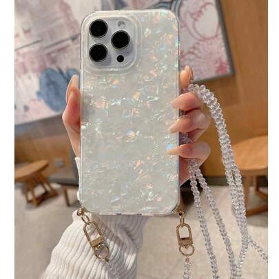白色珠光仿珍珠贝母材质，1个彩色半透明手机壳，适用于15promax、S23/24/25 Ultra，兼容11/12/13/14/15/16、12/13/14/15pro/16pro、12/13/14、S24FE，配有彩色闪亮水晶挂绳，适用于白色手机，防水防震防摔防刮，复活节春季派对礼物，国际版，非国内版。