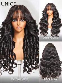 UNice Hair 7x5 Bye-Bye Knots™ Lace Closure & 13x4 Pre-Everything™ Lace Frontal Black Fluffy Natural Loose Wave Curtain Bangs Wig With Invisi Drawstring 3D Body Wave Lace Frontal Wig With Bangs Pre Everything Put On And Go Glueless Human Hair Wigs 150% & 180% Density - SNatural - 查看 7