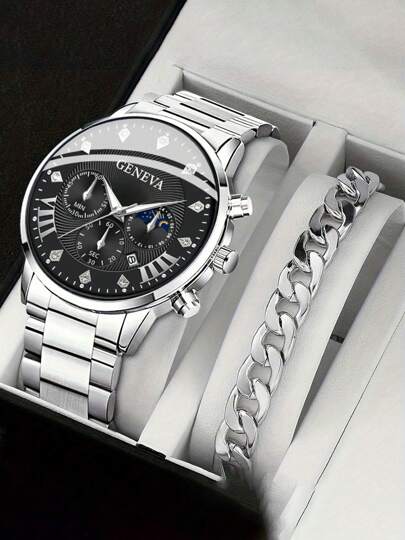 两件套简约休闲男士石英表，时尚简约奢华银色不锈钢商务腕表，搭配银色链式手链，佩戴舒适，适合日常商务通勤。