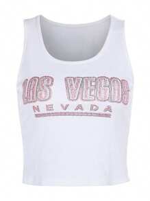 Women Y2K Rhinestone Letter Tank Tops Summer Round Neck Vests Casual Sleeveless Tops Slim Cami Tops Streetwear