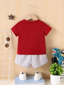 2pcs/Set Baby Boy Casual Dinosaur Print Round Neck T-Shirt And Shorts Set, Summer