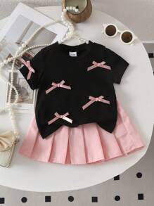 2pcs/Set Baby Girl 3D Bow T-Shirt And Pleated Skirt Outfit, Casual Cute Style For Outdoor Play - Multicolor - View 1