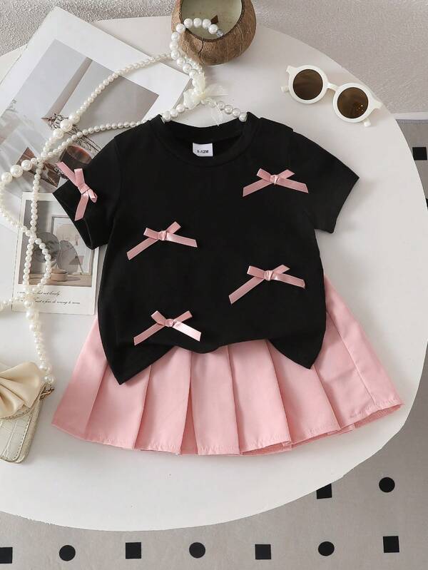 2pcs/Set Baby Girl 3D Bow T-Shirt And Pleated Skirt Outfit, Casual Cute Style For Outdoor Play
