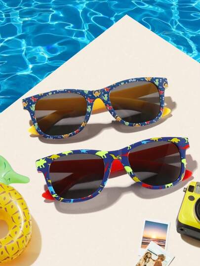 2 件装 4-10 岁男孩女孩亚克力卡通恐龙印花方形时尚眼镜适合日常外出和节日礼物