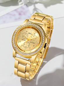 6pcs/Set Fashion Women's Round Steel Band Quartz Watch, Versatile Round Rhinestone Dial, Can Be Matched With Bracelets, Necklaces, Earrings, Rings And Other Jewelry To Form A Jewelry Set, Suitable For Daily Wear, Formal Events And Other Occasions, Also Can Be Used For Holiday Decorations. - Gold - View 2