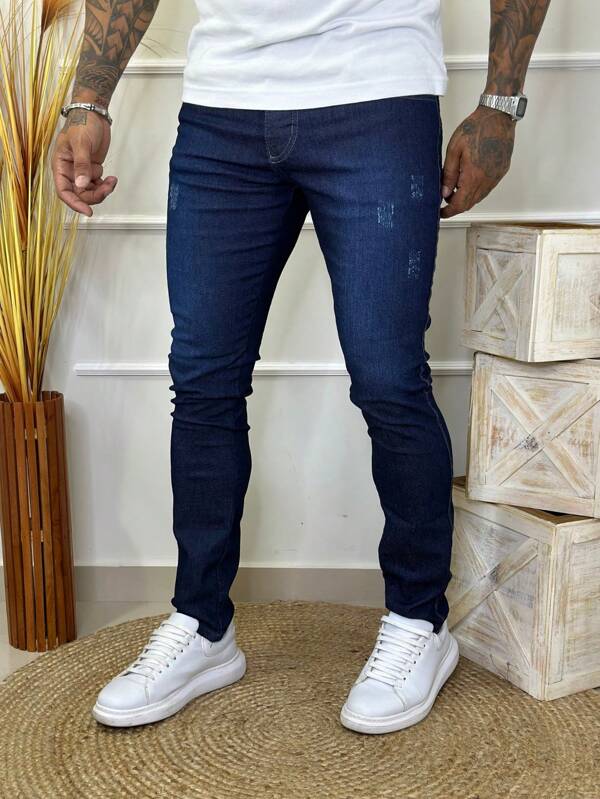 Calça Jeans Skinny Masculina Confortável Azul Lavagem Media