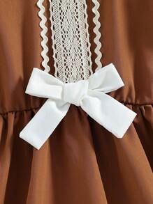 Young Girl' Vintage Elegant Fashionable Versatile Ruffle & Bow Decor Round Neck Puff Sleeve Retro Mini Dress, Suitable For School Or Outdoor Activities, Summer - Coffee Brown - View 6