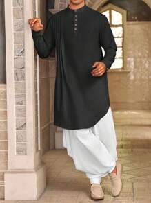 Runcati Men's Kaftan Thobe Cotton Linen Henley Shirt Long Sleeve Robe Casual Muslim Kurta Gown - màu đen - Xem 4