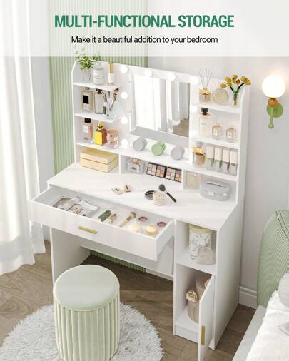 HEXCELEN Dressing Table, Large Tabletop With Mirror, LED Light With Adjustable Brightness, Organiser Drawers And Storage Cabinets, Open Shelves, For Bedroom, Cloakroom, White