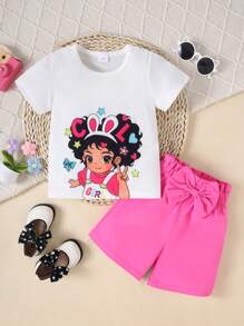 Set de 2 piezas para niñas que incluye camiseta de manga corta con cuello redondo y estampado de dibujos animados en la espalda, y shorts casuales de unicolor cómodos, ideal para verano