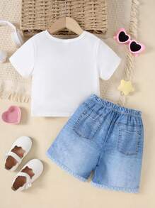 2 件套年轻女孩卡通女孩印花荷叶边下摆圆领短袖上衣和牛仔效果舒适时尚短裤，夏季 - 白色 - 查看 2
